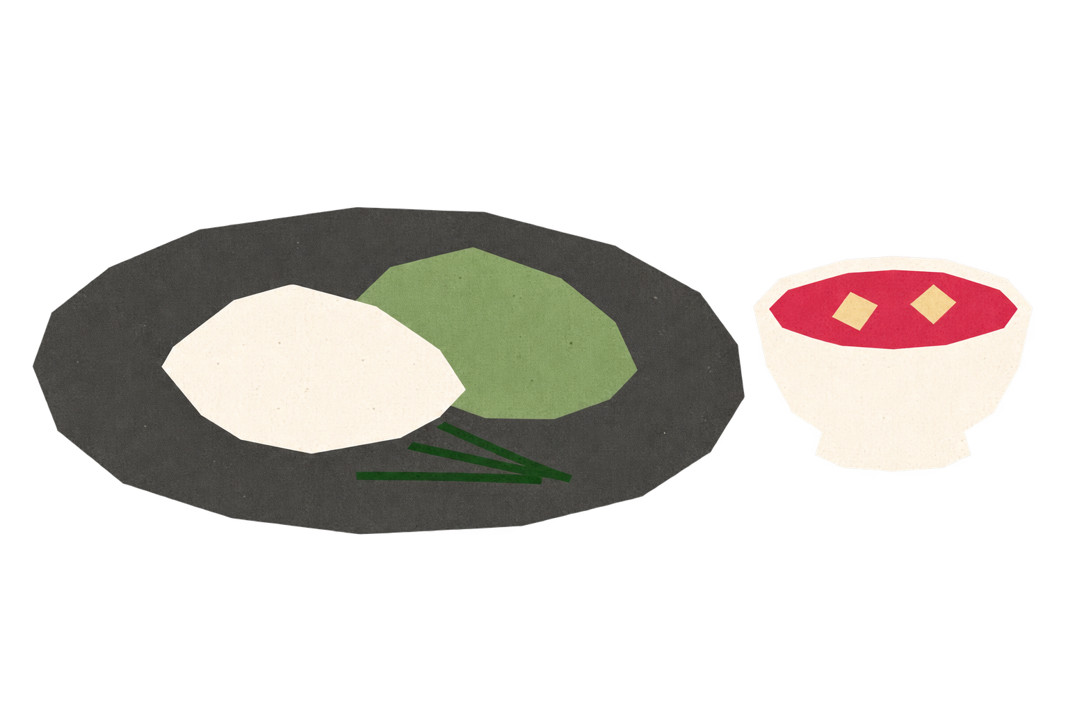 White rice and green mugwort quenelles gently overlapping on a charcoal plate with slender pine needles, beside an ivory bowl of raspberry-red omija hwachae.