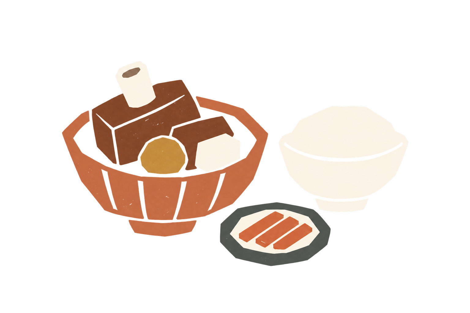 Hand-cut stamp of brown block-shaped ribs, a white bone, golden chestnut and white radish cube in a terracotta bowl, with a white porcelain rice bowl and three orange side-dish bars on a slate plate.