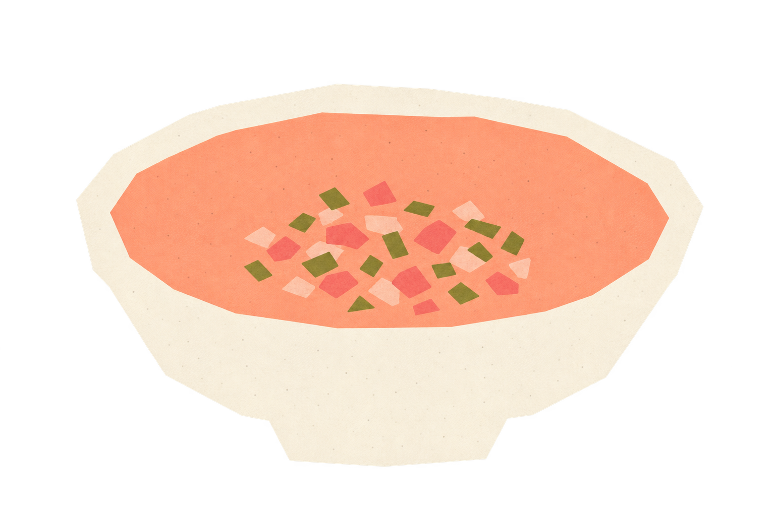An ivory bowl of clear, lightly orange-red water-kimchi broth over a finely chopped tuna and vegetable bed.